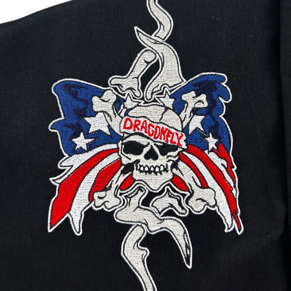 Dragonfly Mens Large Shirt Button Front Black Embroidered Skull Flag Vintage - Picture 11 of 14